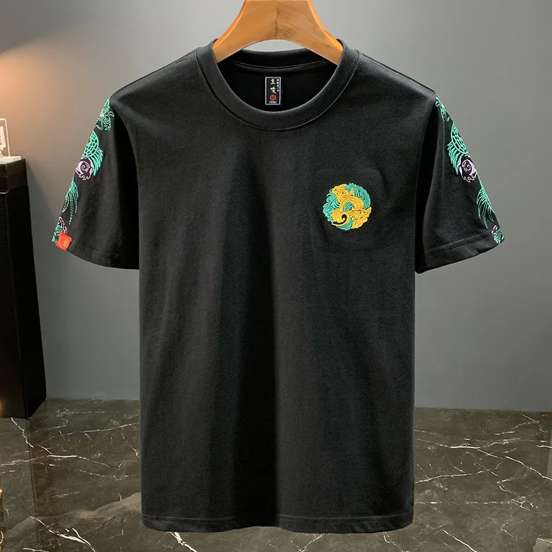 

Chinese style embroidered short sleeved T-shirt for men in summer, new ethnic style clothing, trendy casual top