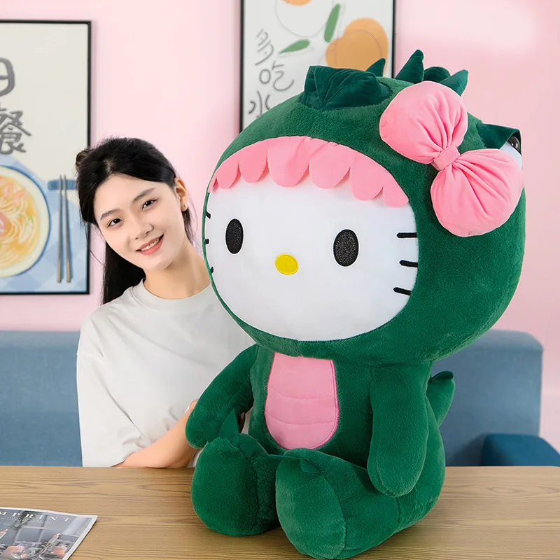 35/50/65cm Sanrio Kawaii Hello Kitty Dinosaur Plush Toy Cartoon Doll Room Decoration Sleeping Throw Pillow Kids Birthday Gift