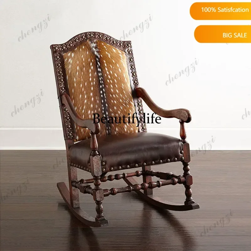 American solid wood rocking chair retro old cow fur nap recliner