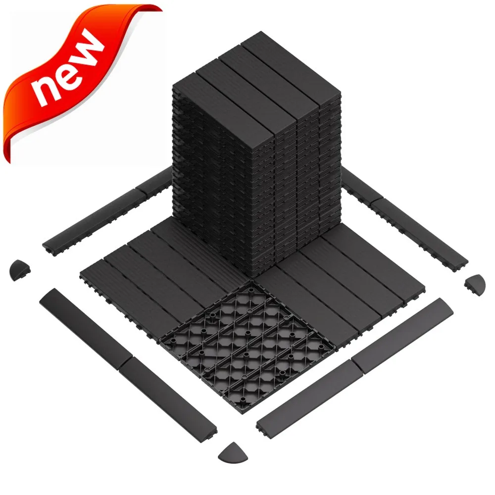 

42 Square Feet Plastic Deck Tiles, 44 Pieces Waterproof Outdoor Patio Flooring, 12x12 Inches, Striped Design