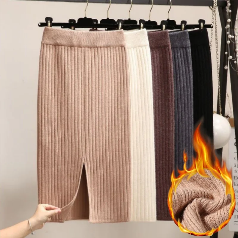 Autumn Winter Knit Skirt Thickened Warm High Waist Pencil Skirt Solid Color Slimming One Step Straight Tube Skirt Womens Fashion