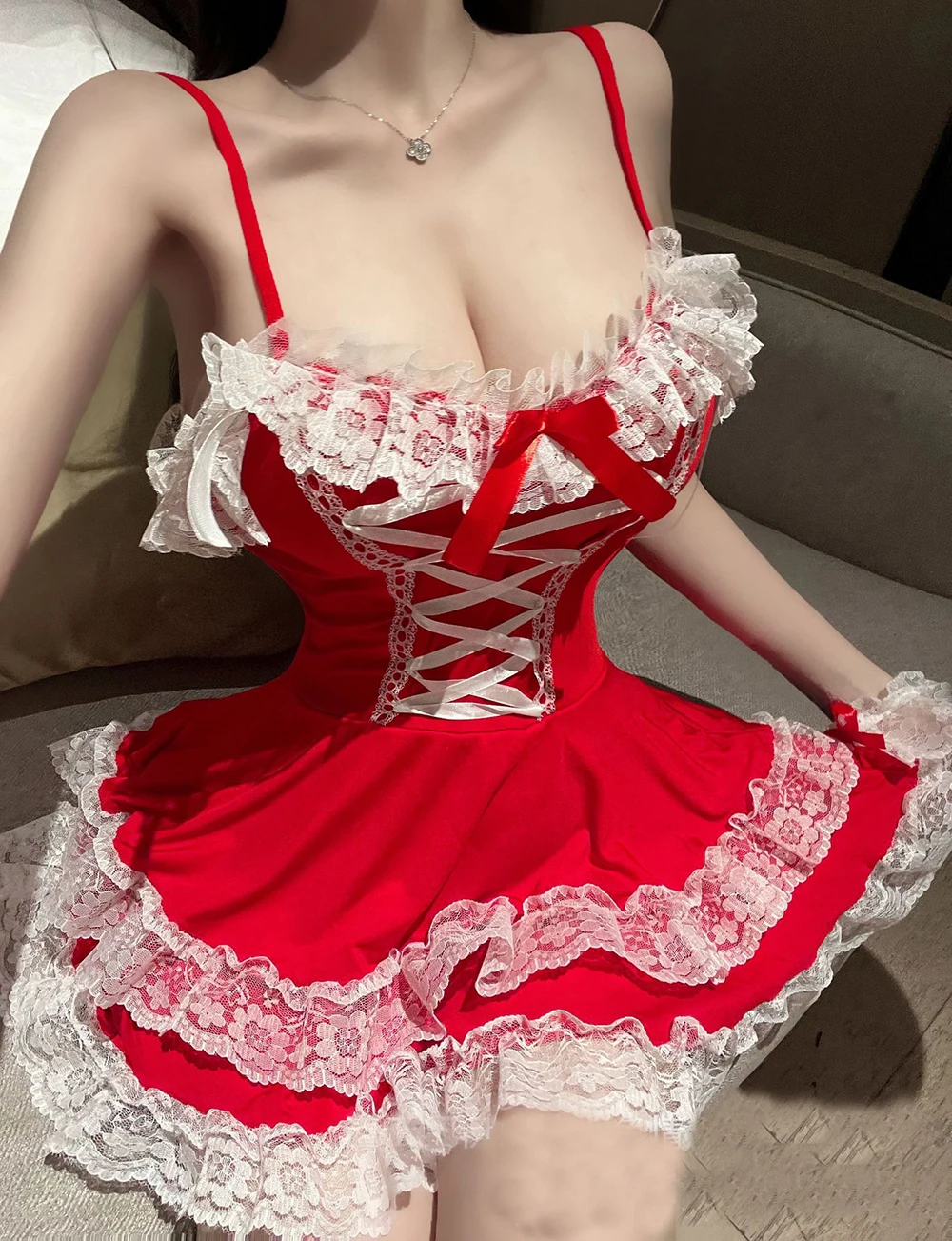 Lingerie sexy com fitas para mulheres, atadura, renda, vestido de empregada, camisa quente, camisola, babydoll, vestido de deslizamento completo, vestidos Lolita, vermelho