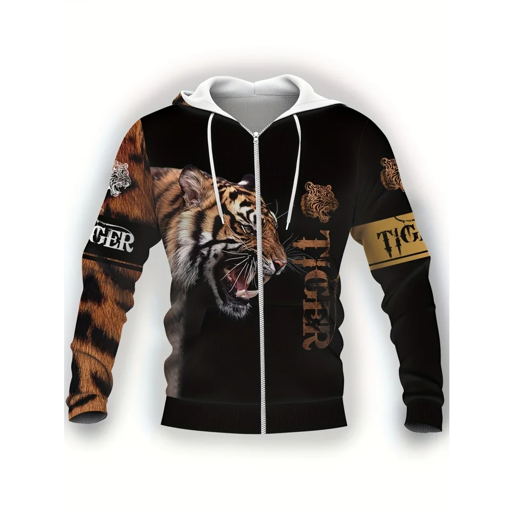 

New in Sweatshirts Tiger 3D Print Oversized Zip up Hoodie Top Autumn Winter Street Harajuku Long Sleeve Men's Hoodies Tracksuit
