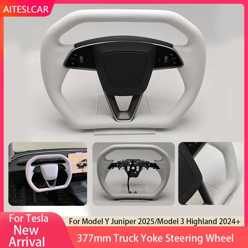 377mm Cybertruck Style Yoke Steering Wheel for Tesla Model Y Juniper 2025 Heat Nappa Leather Yoke Handle For Model 3 Highland
