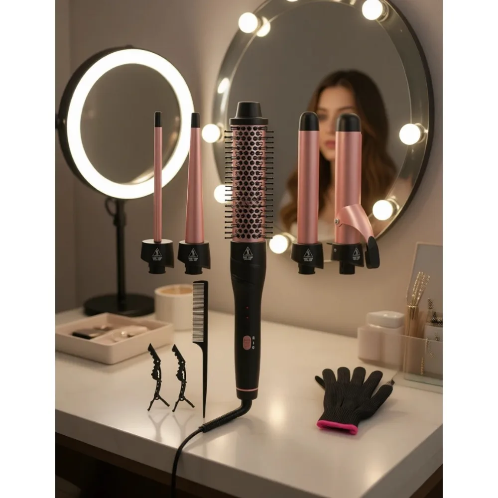 

5 in 1 Curling Iron Set Fast Heat Up Wand 3/8 to 1 1/4 Inch Thermal Brush Dual Voltage for All Hair Types Travel