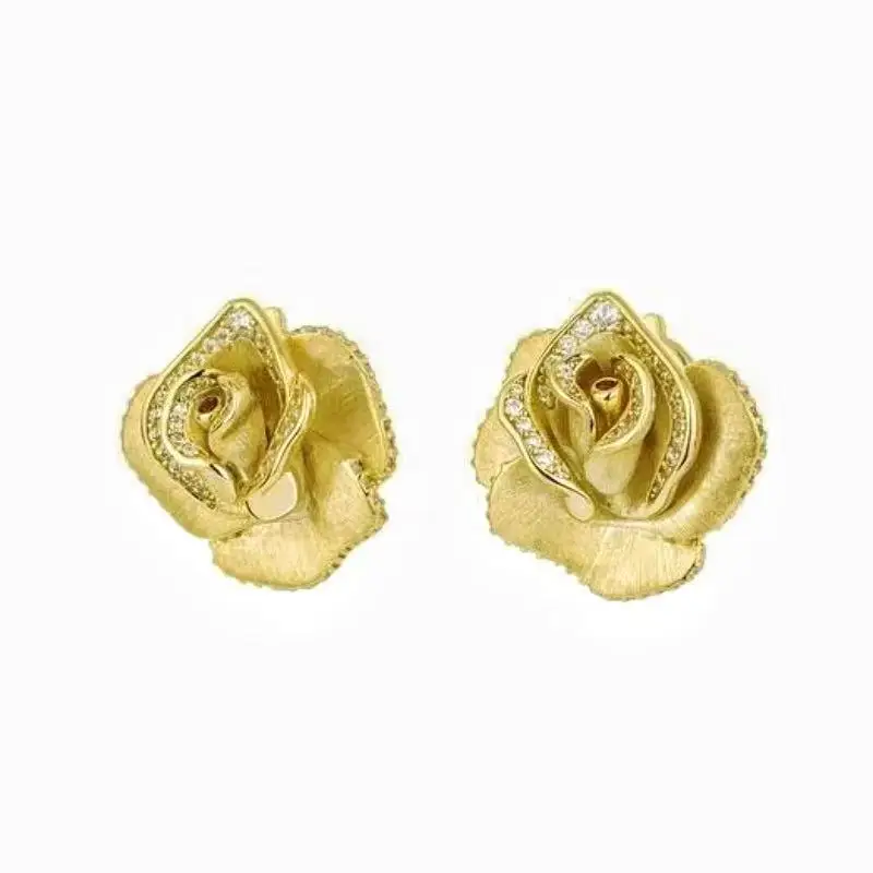 ZOCA 925 Sterling Silver Rose Flower Stud Earrings For Women Female Gold Gold Color Small Ear Buckle Wedding Jewelry Gift