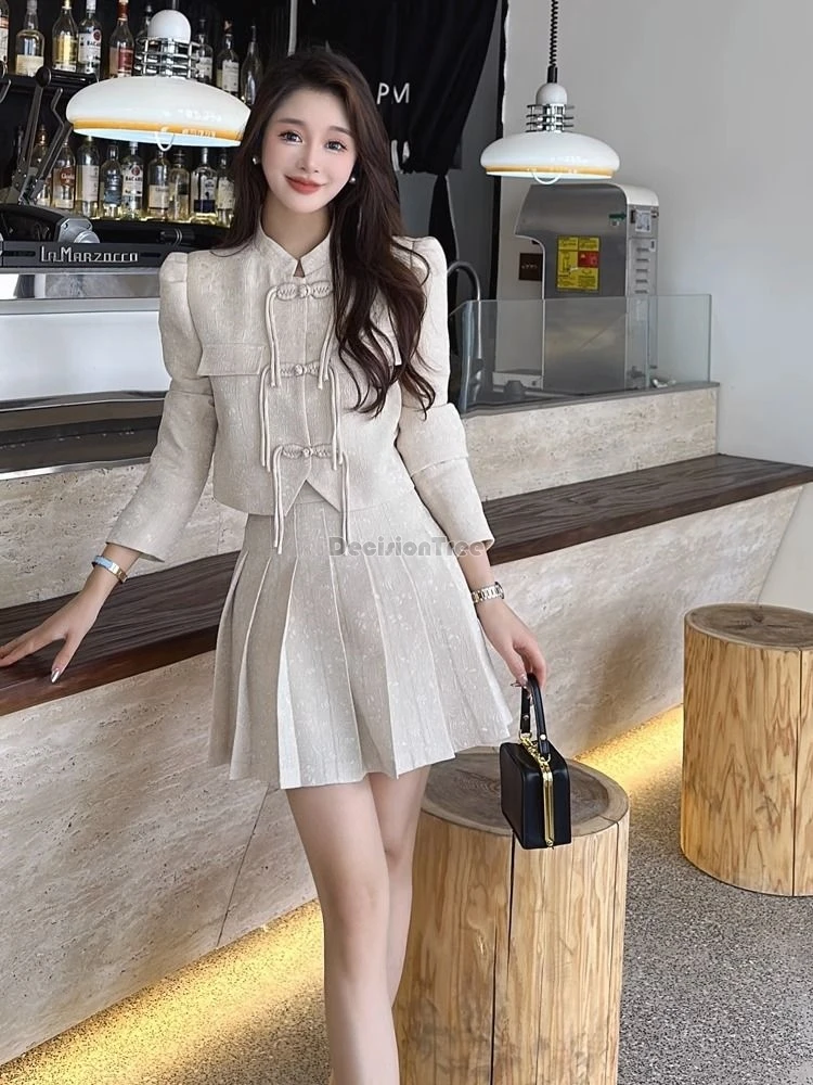 2024 nuovo stile etnico cinese elegante temperamento jacquard popolare set colletto alla coreana bottone qipao top moderno gonna a pieghe corta