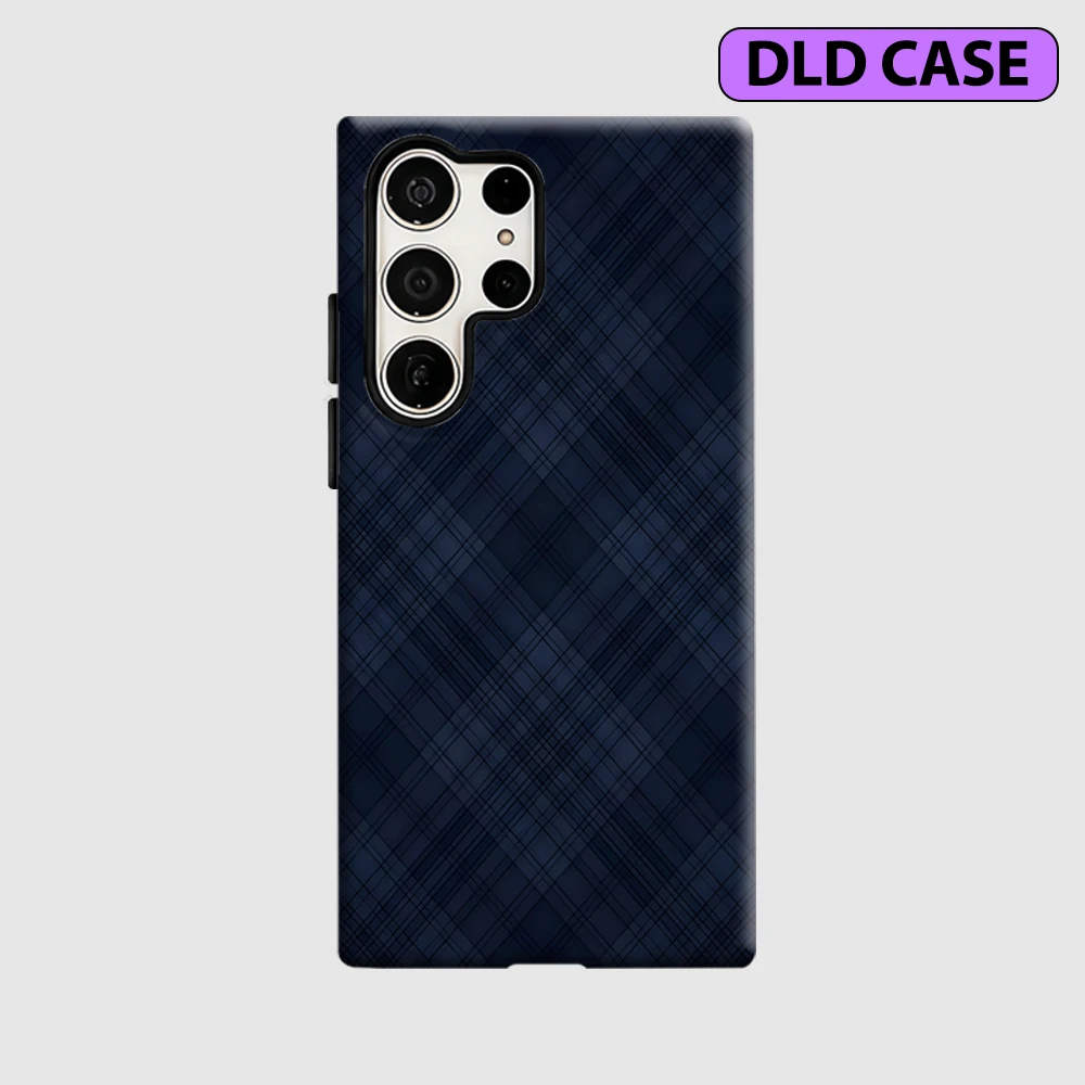 Indigo Plaid Phone Case for Samsung Galaxy S26 S25 Ultra S24 S23 Ultra Plus Shockproof Double Layer Tough Back Cover