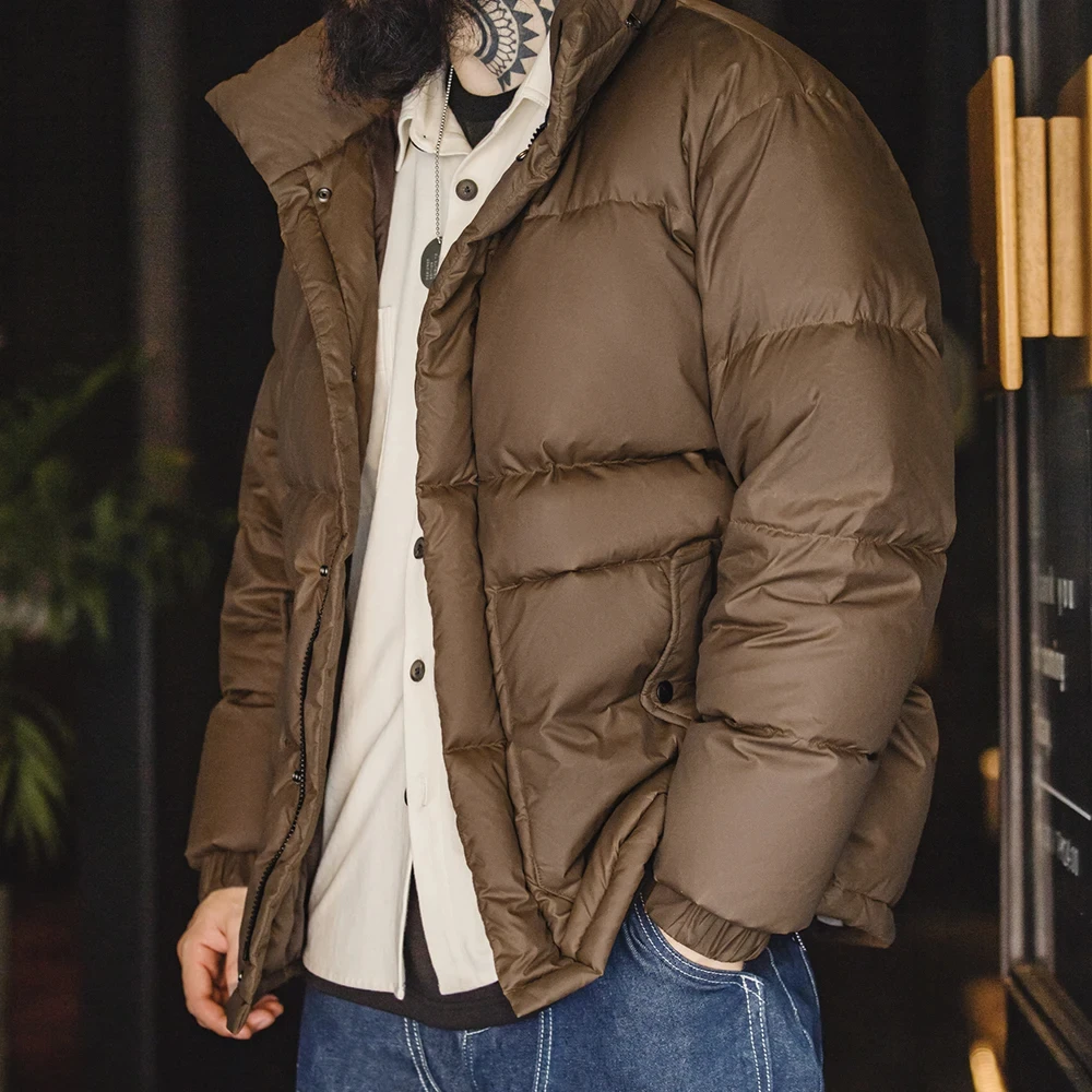 

Maden Vintage Waxed Down Jacket for Men Warm Thick Hooded Stand Collar Puffer Coat Outdoor Winter Cold-Proof Outerwear
