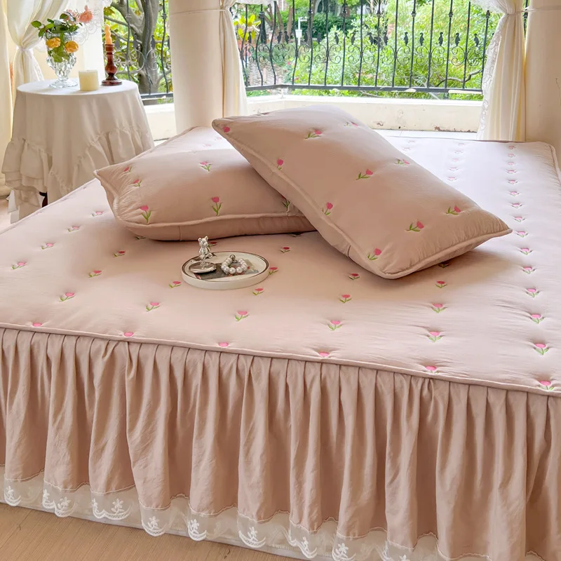 Bedcover Single Piece Skin Friendly Washed Cotton Thickened Soybean Cotton Fiber Filled with Cotton Clip Bedskirt Princess Style