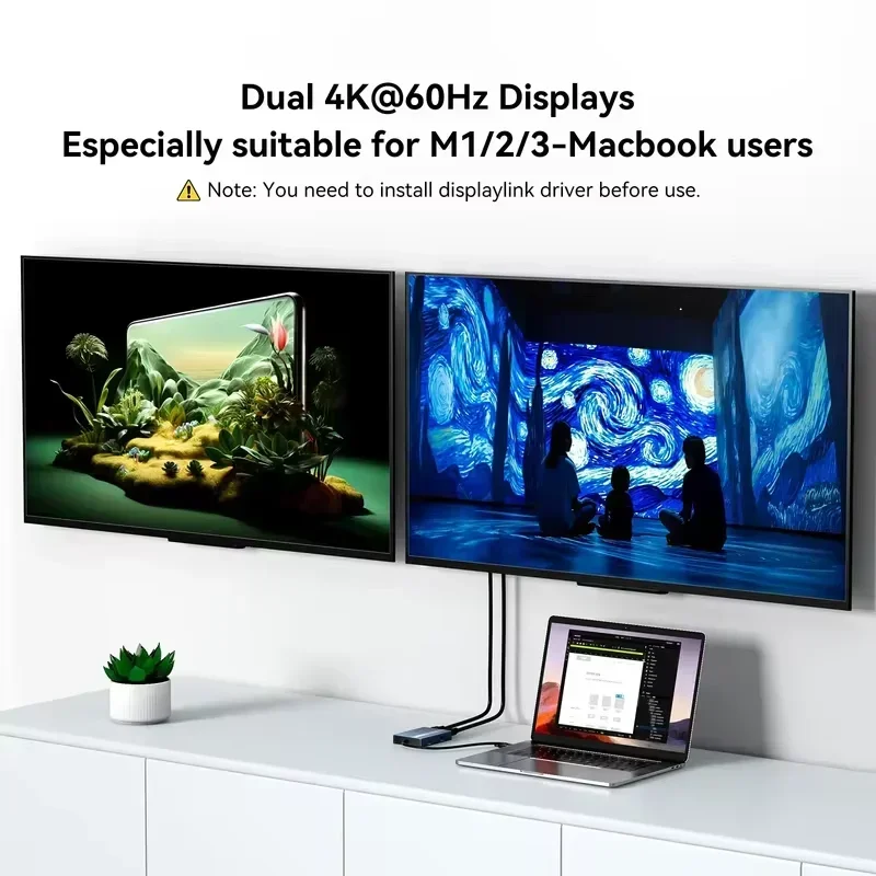 Estação de acoplamento USB-C 6 em 1 Acasis com DisplayLink, suporte duplo 4K @ 60 Hz, carregamento PD de 100 W para MacBook Pro/Air