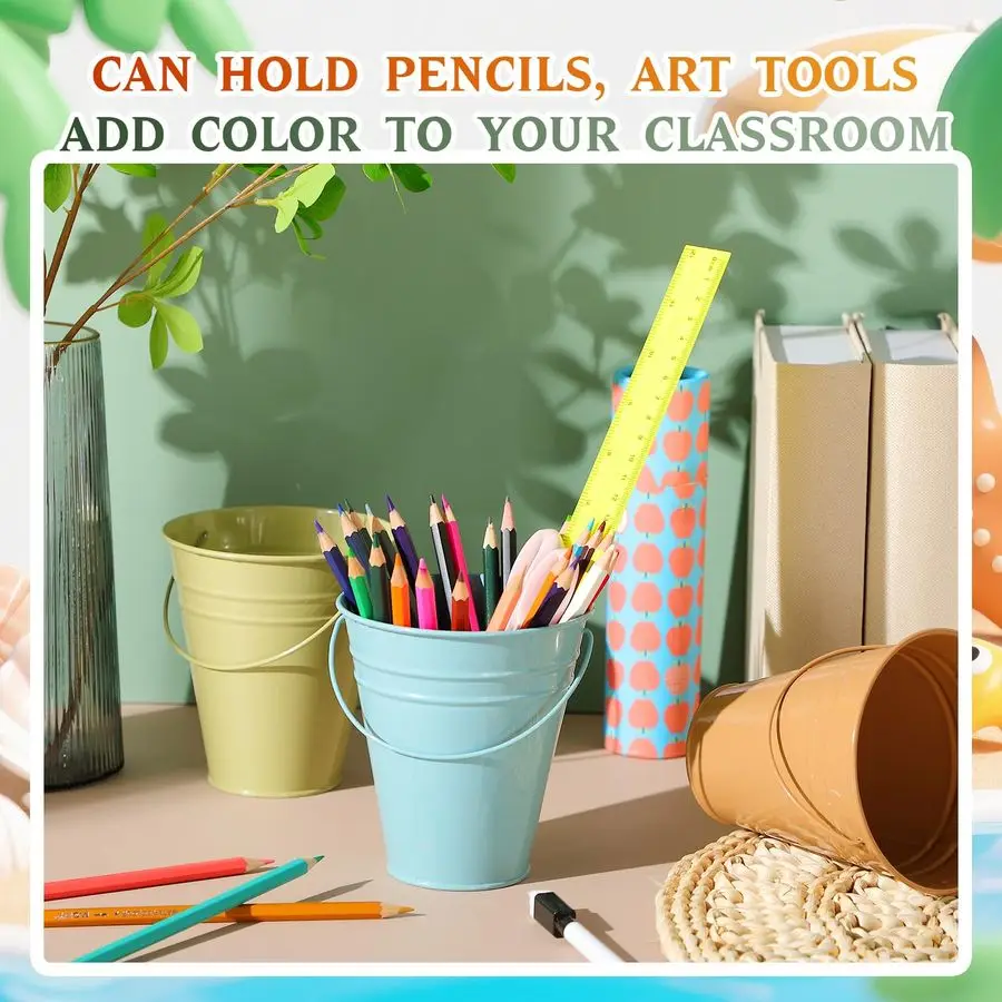 24 عبوة من الدلاء المعدنية الصغيرة الملونة بمقبض، دلو صغير مجلفن مقاس 4.5 × 5.1 بوصة لحرف العودة إلى الفصول الدراسية المدرسية