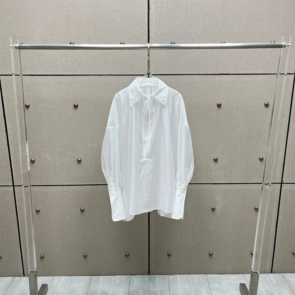 

Women's Collared Gathered Tie-Front Shirt Y2K Pearl-Finish Elegant Oversized Commuter Long-Sleeved Top New Autumn 2025