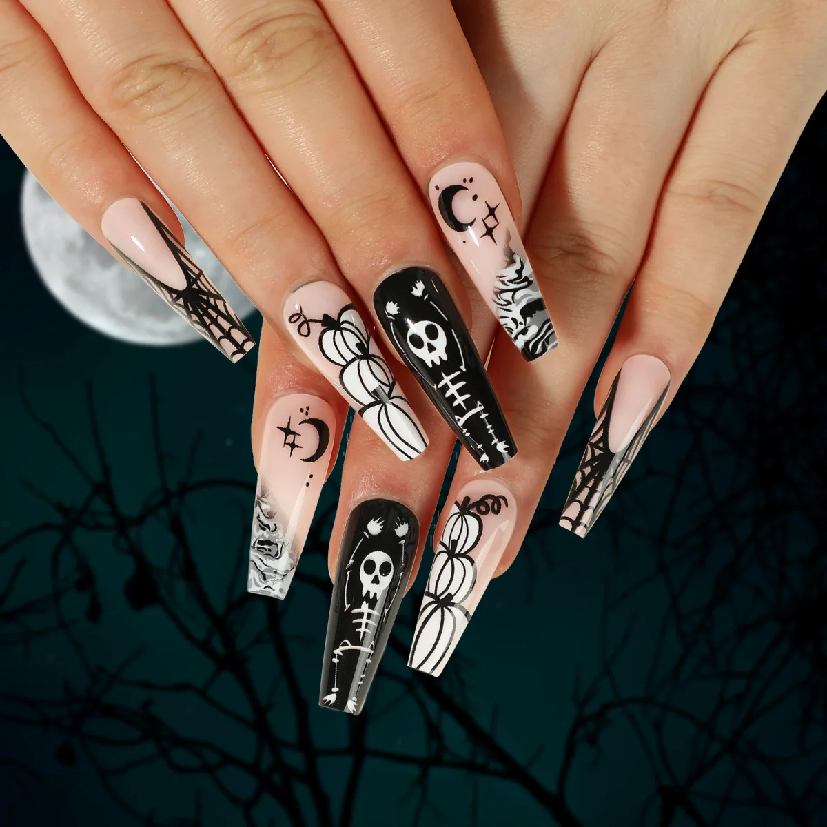 

24PCS White Halloween Press-On Nails - Black Ghosts Skeletons & Spider Web with Moon/Stars Long Square Shape