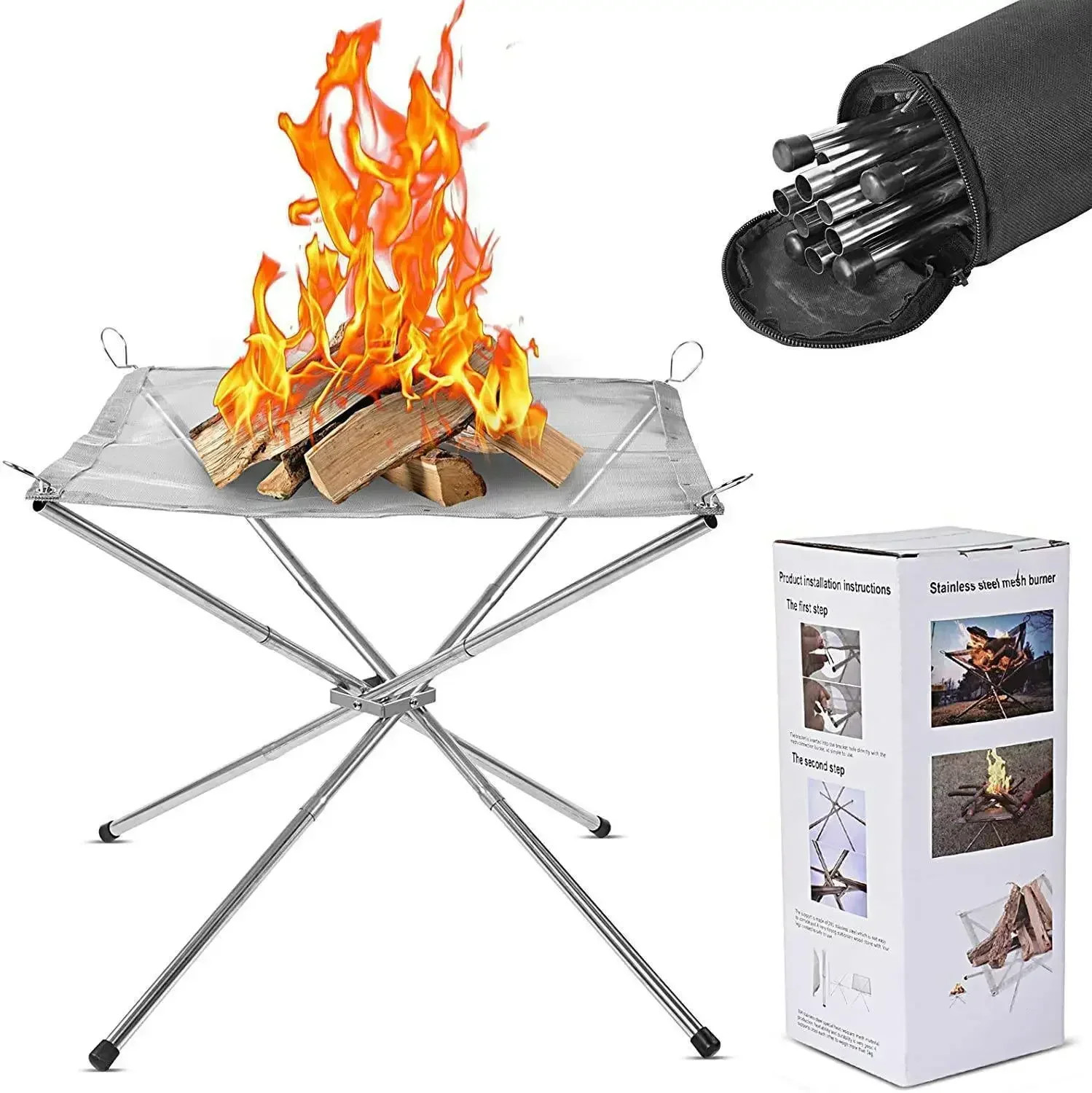 Portable Outdoor Fire Pit Camping Fire Pit Foldable Mesh Fire Pits Fireplace for Camping, Campfire,Carrying Bag Included