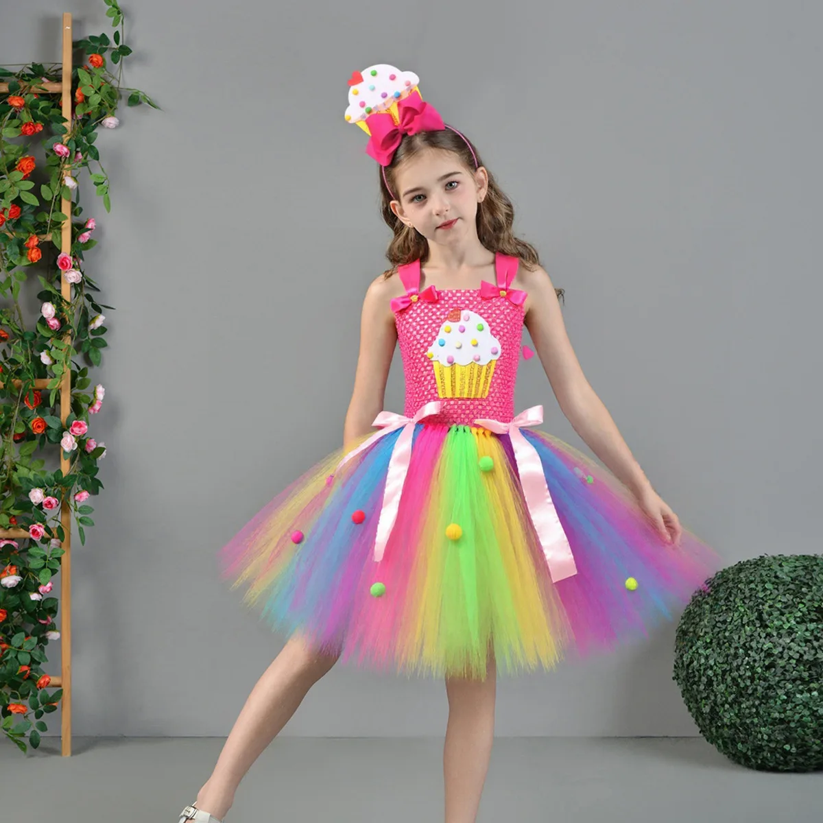 Candyland Tutu Dress Girls Lollipop Costume Dress Halloween Birthday Party Outfit Rainbow Kids Princess Gown Dresses with Wing