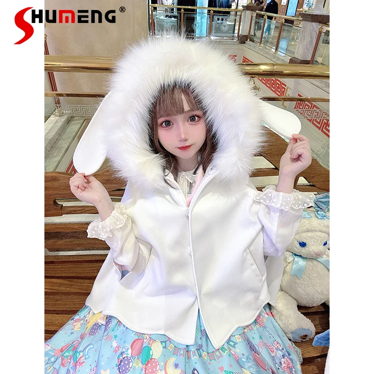 

Original Japanese Style Sweet Cute Lolita Cloak Detachable Fur Collar Bow Single-Breasted Kawaii Woolen Jacket Cape Women Winter