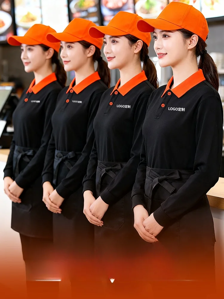 Sudadera de algodón puro de manga larga con cuello redondo, estampada, uniforme de trabajo para camarero de restaurante, personal de hotel, servicio de comedor duradero