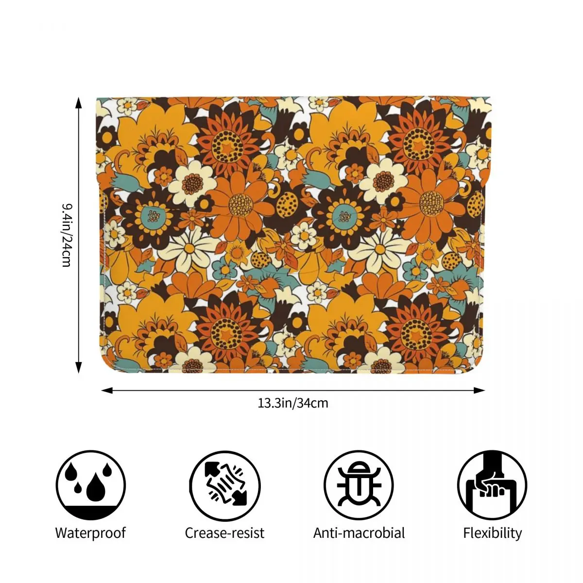 70s 60s Retro Flower Power, Floral Pattern PU Leather Horizontal Laptop Sleeve Shockproof Soft Lining Notebook Case 13 Inch