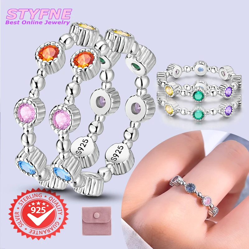 Women 925 Sterling Silver Colored Round Wave Guardian Zircon Rings Anniversary Birthday Fashion Gifts for Mother Wife Girls