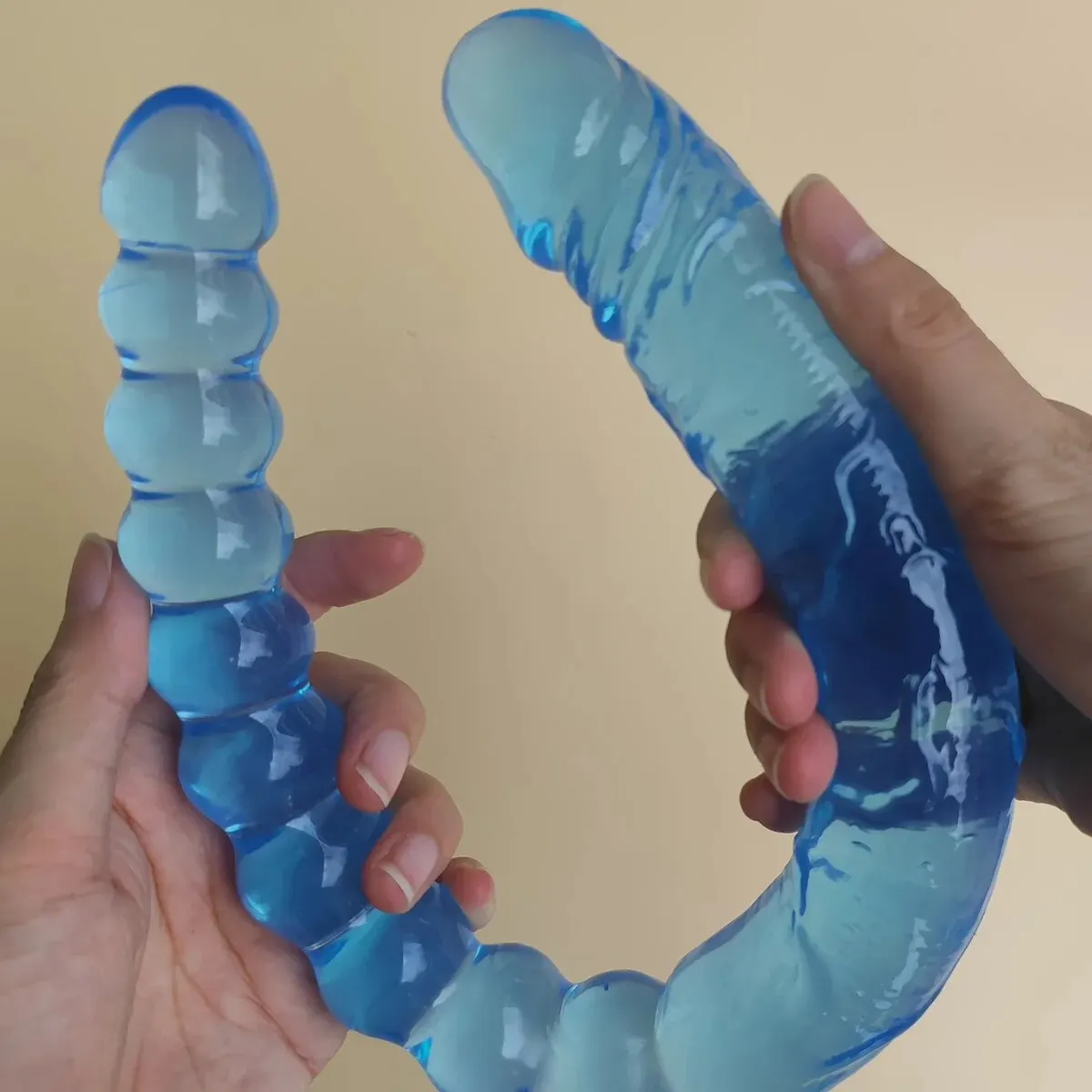 A Blue Transparent, Soft, and Elastic Dual-purpose Female Masturbator with U-shaped Double Dildo Soft Jelly for Same-sex Sex Toy