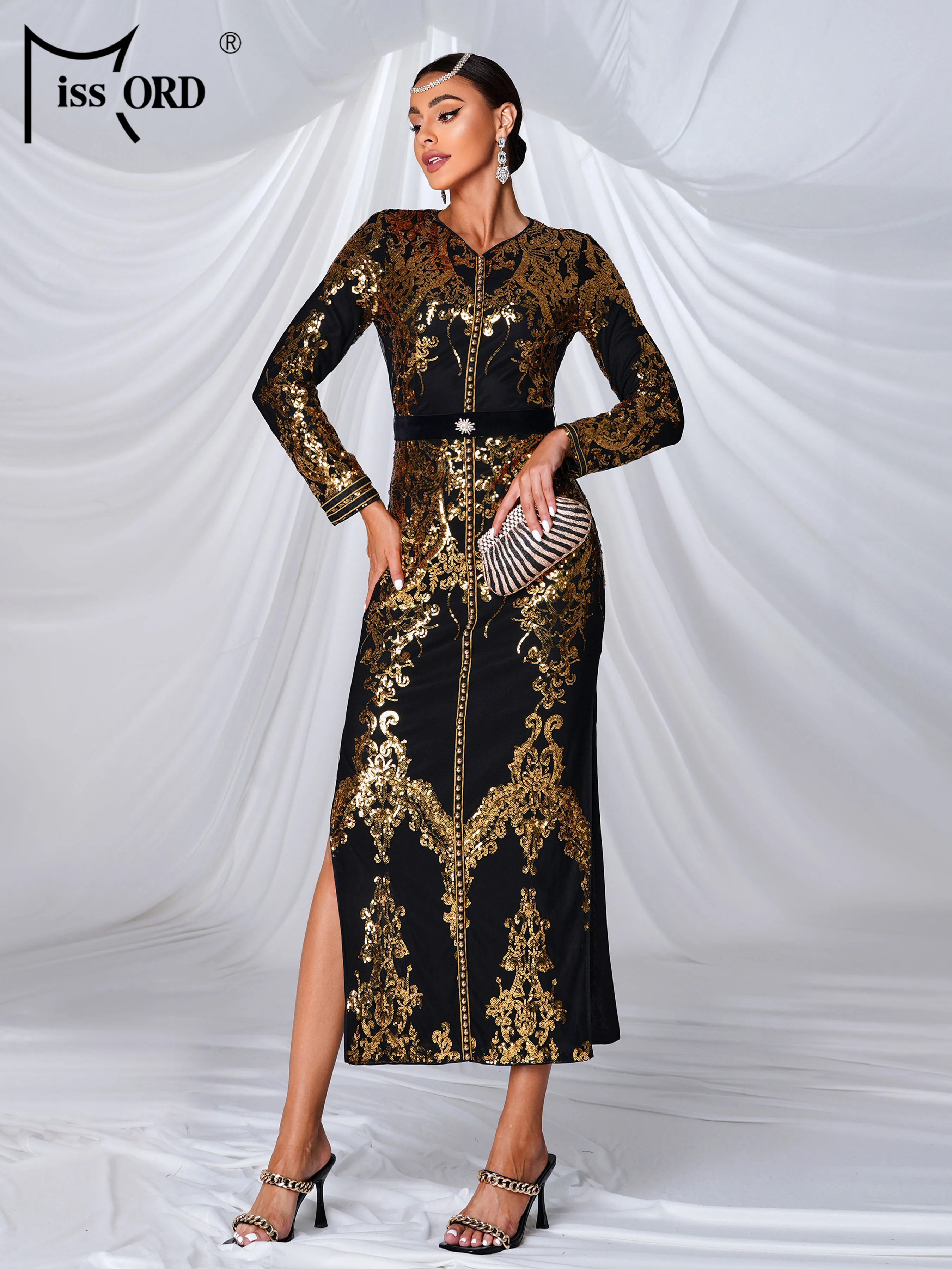 Missord New Church Dress Long Sleeved Sequin Elegant Evening Gown Wedding Birthday Party Beautiful Formal Occasion Dresses