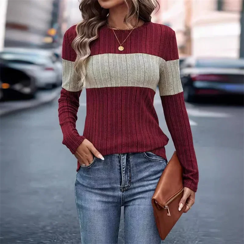 Spring Autumn Colour Blocking Pitted Stripes Long Sleeve T-Shirt Women O Neck Pullover Tops Female Daily Comfortable Casual Tees