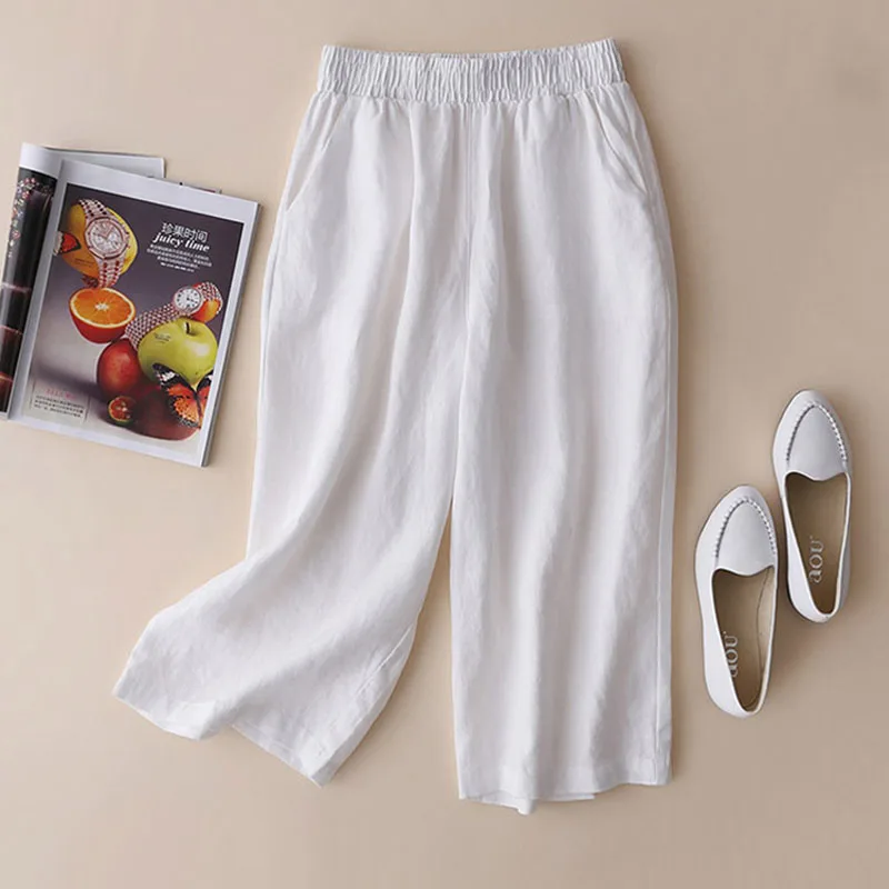 

368 Spring Summer Thin Cotton Linen Casual Pants For Women Loose Wide Leg Elastic High Waist Simple Solid Color Female Trouser