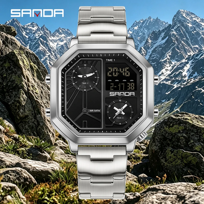 SANDA 3325 Electronic Watch Men Multifunctional Outdoor Sport Watch Calendar Luminous 50M Waterproof Steel Strap Watches for Man