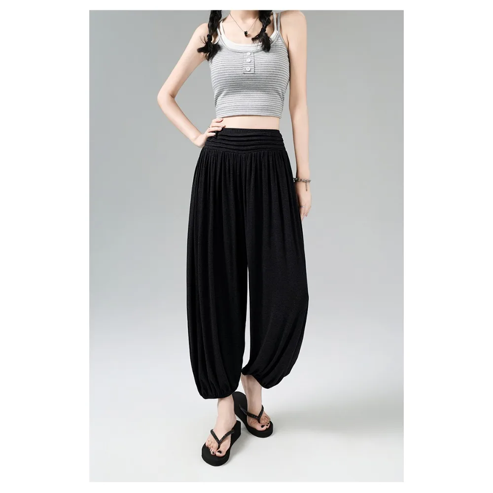 Spring and Summer Trendy Solid Color Simple Holiday Loose Pleated Bloomers Women's High Waist Fashion Versatile Nine-point Pants
