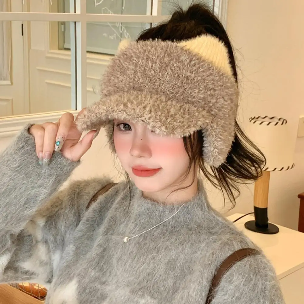 Winter Visor Cap with Ear Flaps, Plush Beanies with Brim, Open Top, Cute Cat Ears Warm Ponytail Hat for Women Ear Protection