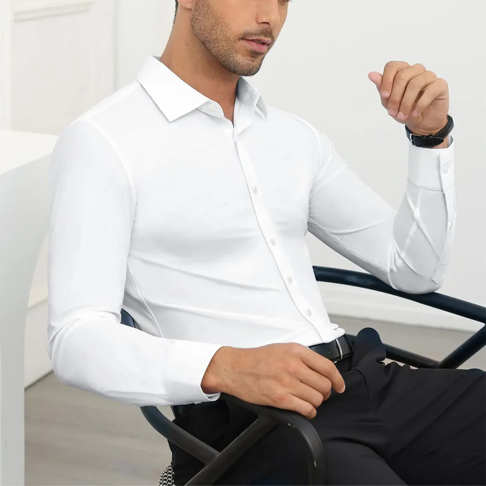 GROOMXLUXE-Camisa elástica de manga comprida masculina com botão, tops formais de casamento, tamanho grande, 4 vias, data, tops grandes, 100-130kg, 7XL