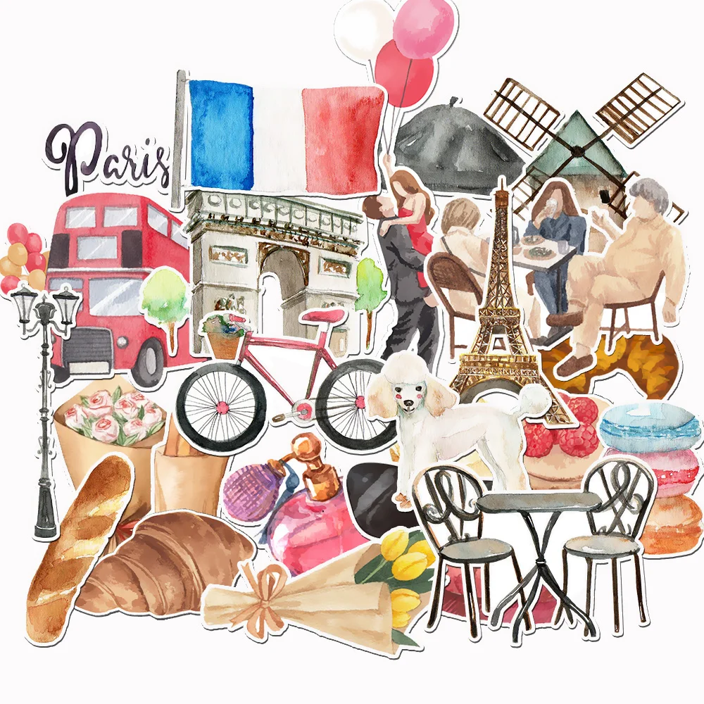 25 szt. Francja zestaw naklejek podróżnych wzory akwarelowe na artykuły papiernicze, czasopisma, notesy, laptop, butelki na wodę i scrapbooking