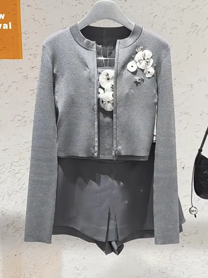 High-End European Style Women's Knitted Zipper Sweater Heavy Embellished Floral Decoration Slim Fit Autumn Winter Fashion