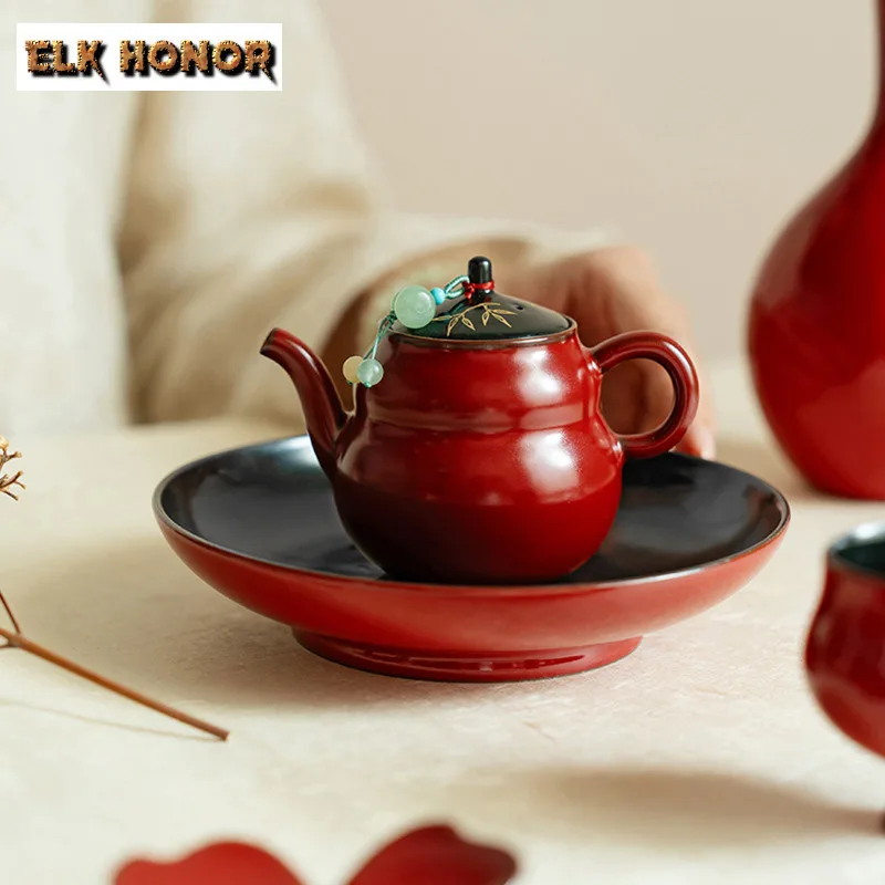 150ml Hand Painted Gold Drawing Ceramic Teapot Retro Ochre Dream Red Glaze Pot Tea Soaking Kettle Tea Ceremony Accessories Gift