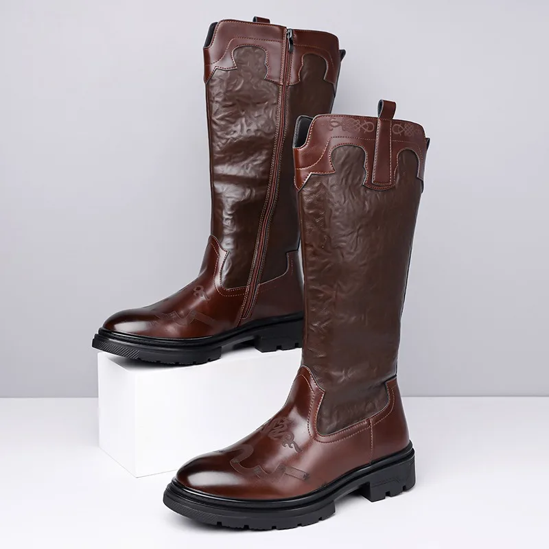 

Autumn Winter Men Retro Thick Soled Casual Boots Stitched with Raised Prints High-quality Fashionable Trendy Knight Boots
