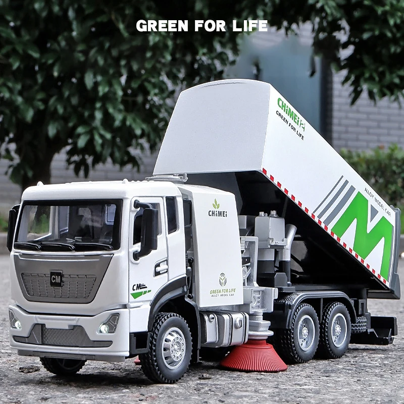 1:32 Alloy Model Car Diecast Simulation Garbage Truck Engineer Sweep The Floor Pull Back Light Sound Vehicle Gifts For Children