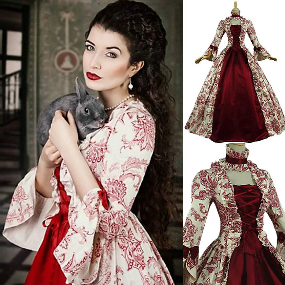 Neues Vintage Langarm-Kleid mit Druckmuster und Schnürung Mittelalterliches Kleid mit Rüschen und Schleife Vintage Viktorianisches Karnevals-Maxikleid Patchwork Blumenmuster Damenkleid