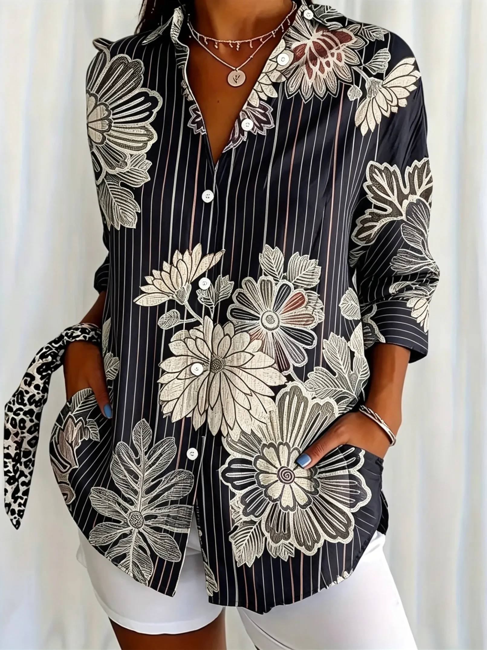 

Women's Spring Summer Vertical Stripe Big Floral Print Button Down Shirt, Casual Daily Printed Collared Blouse