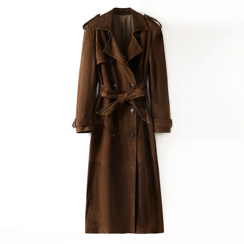 100 % echtes Leder Trenchcoat Damen High Luxus Ziegenleder Wildleder Retro Braun Kaffee Verlängern Schnürung Zweireiher Trenchcoat
