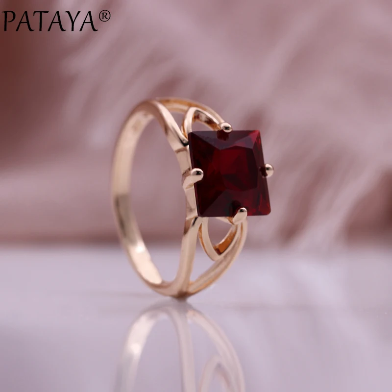 PATAYA New Trend Woman Gift 585 Rose Gold Color Earrings Ring Set Square Natural Zircon Noble Fashion Jewelry Set 2020