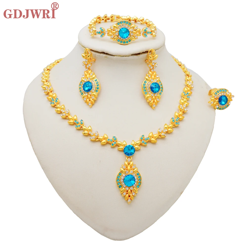 Luxus Dubai Gold Farbe Doppels chicht Halskette Schmuck Sets für Frauen afrikanischen Wasser tropfen Kristalls chmuck indischen Set Geschenke – Detail 38