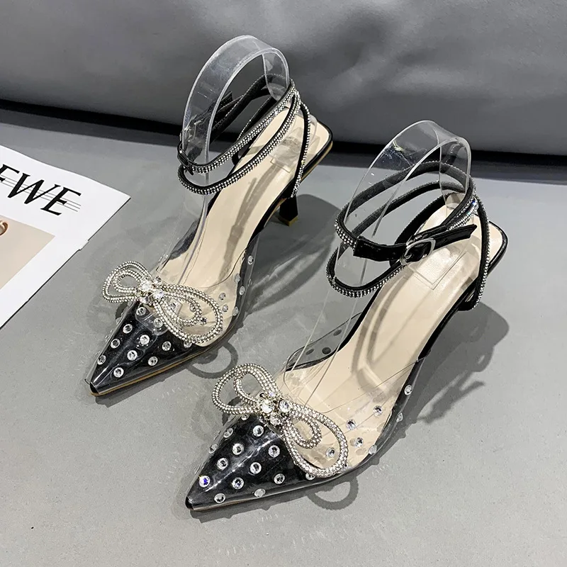 Summer Pointed Crystal Fairy Ladies Wind Sandals Rhinestone Butterfly-knot Transparent High Heel Women Sandals Fashion Shoes
