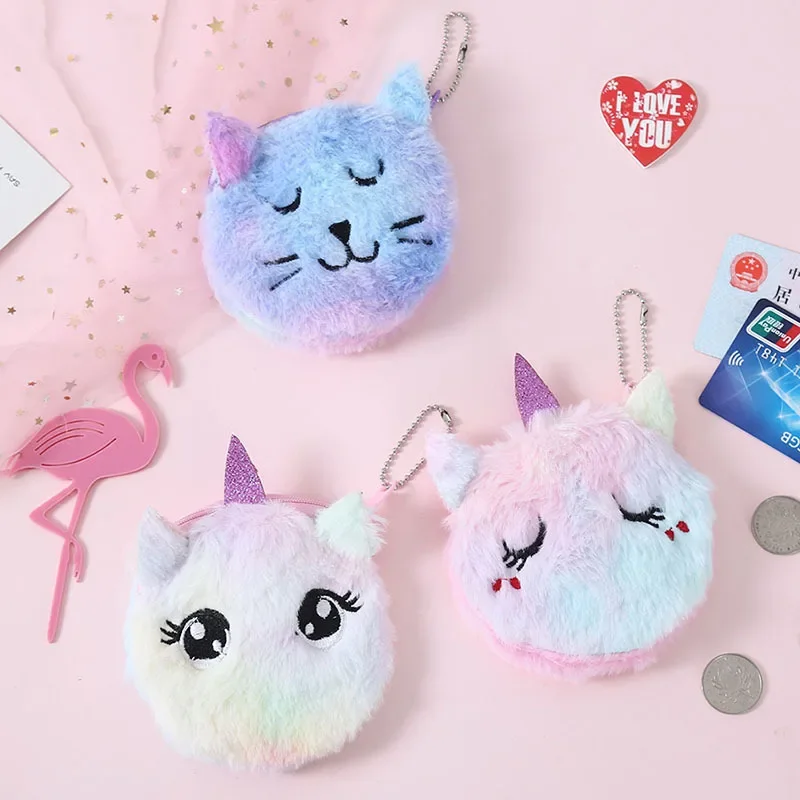 Cute Cartoon Plush Unicorn Coin Purse Cat Fur Circle Wallet Girl Clutch Embroidered Bag Key Earphone Organizer Bags Kids Gift