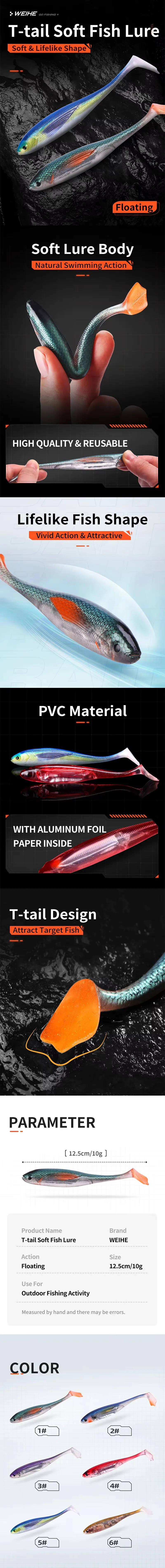 WEIHE 2 Stück 12,5cm 10g 2 Stück/Packung 6 Farben T-Schwanz Weicher Fischköder Weicher Angelköder PVC Angelköder Schwimmender Lebensechter Schwimmköder – Detail 1