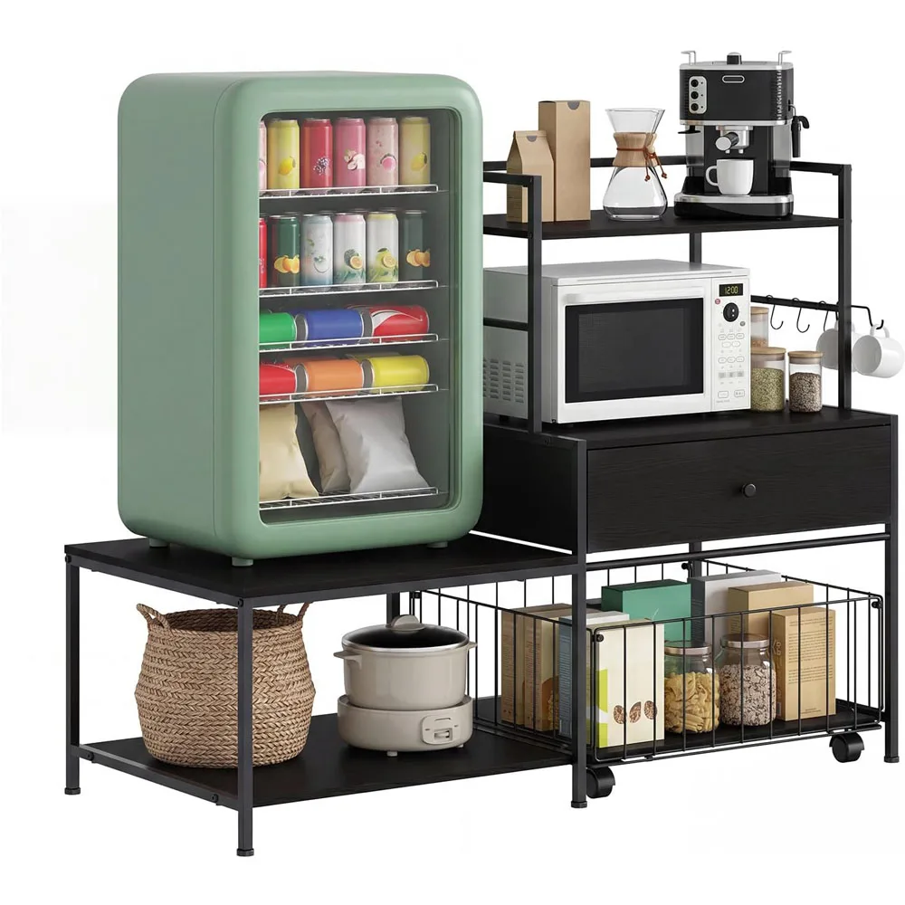 35.8 Inch Mini Fridge Stand With Storage And Metal Drawers Burn Color L-Shaped Utility Bakers Rack With Mini Fridge Space 5-Tier Sturdy Microwave Stand And Coffee Station For Dorm And Office 260 Lb Capacity