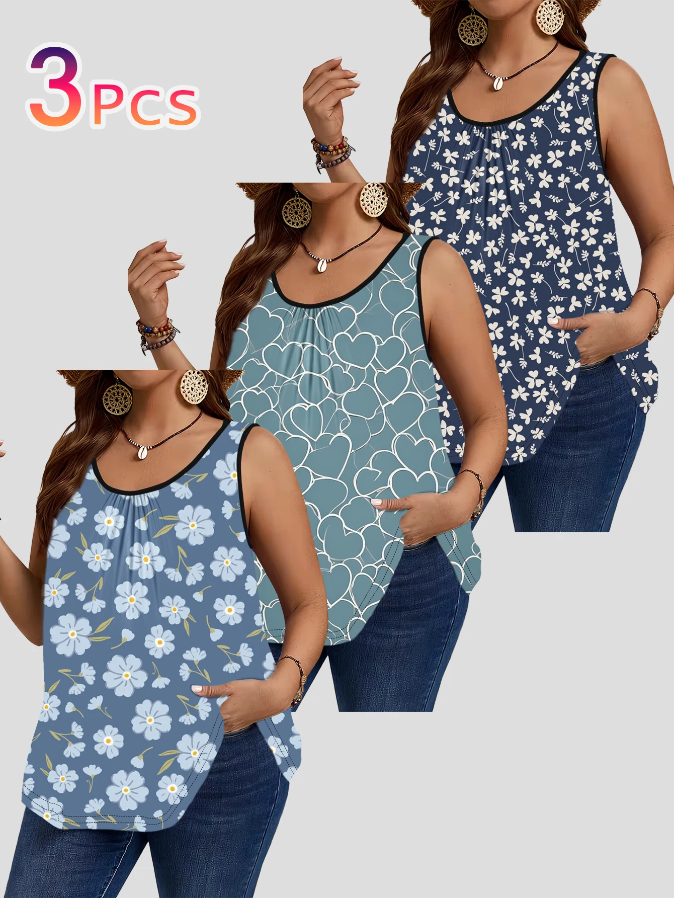 3-Piece Set of Plus-Size Sleeveless Vests: Haze Blue Daisy, Light Blue Heart Lines, Navy Blue Small Floral Print. Gentle, Casual, Loose-Fitting, Figure-Flattering Tank Tops