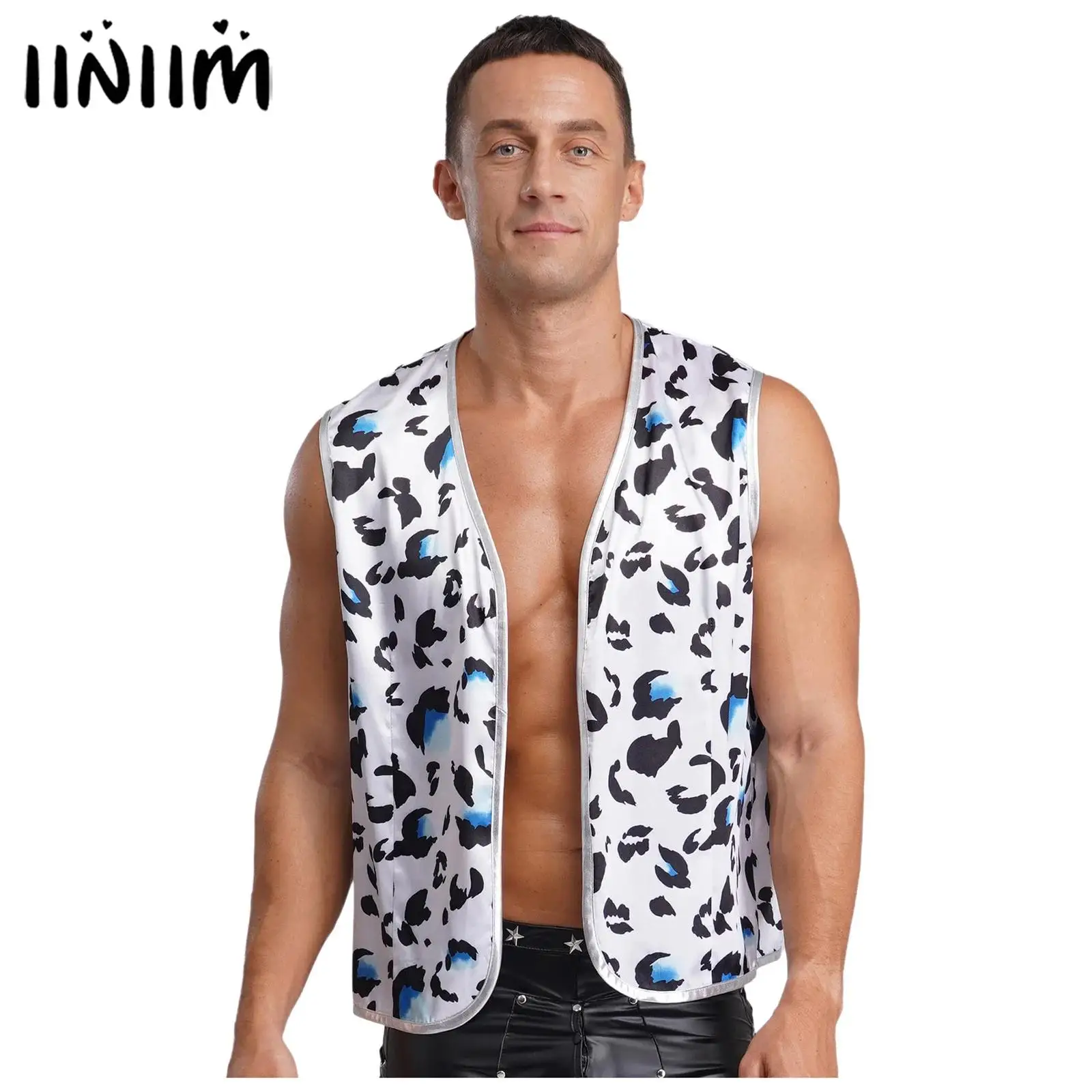 

Mens Leopard Print Vest Cosplay Theme Party Hippie Costume Vintage Vest Tops Metallic Trim Open Front Waistcoat Cardigan Tops