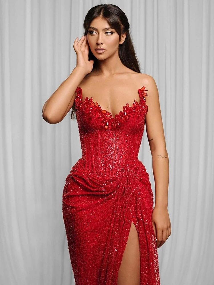 VC Dark Red Pearls Embellished Boned Bodice Long Dress Strapless Pleated High Side Slit Fish Tail Crystal Sequins Evening Gowns