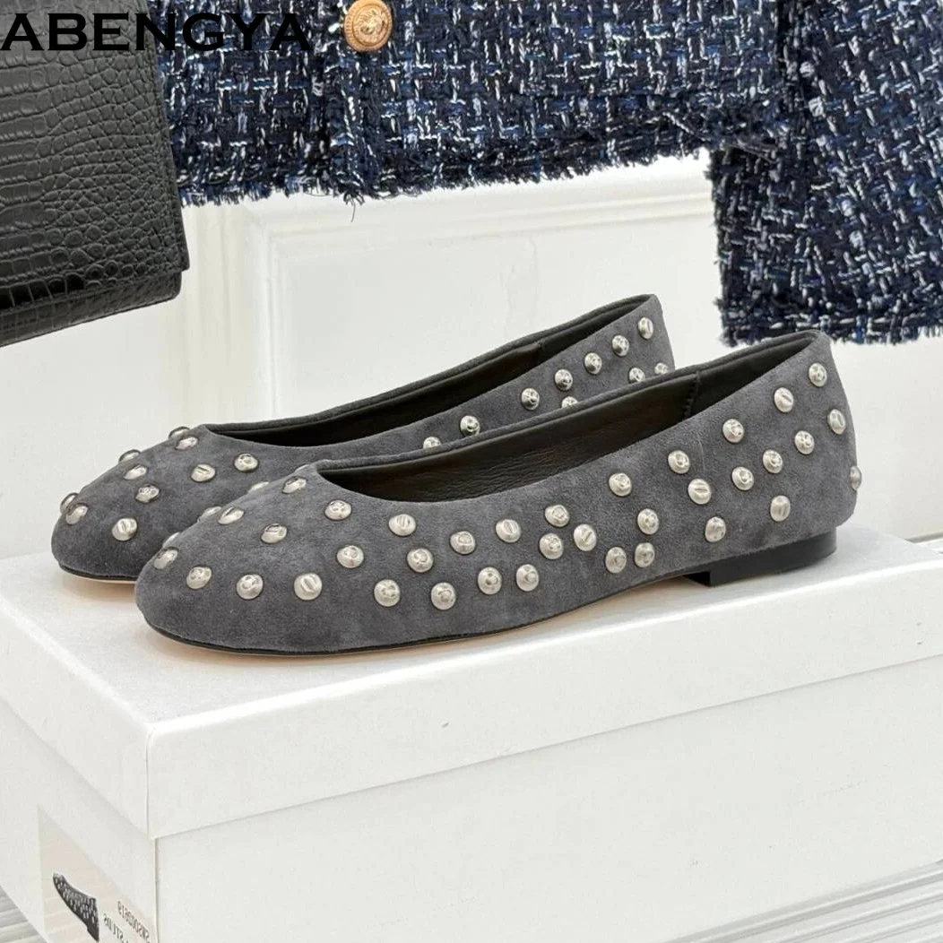 Hot Spring Suede Leather Casual Shoes For Women Slip-on Loafers Rivet Studded Flat Shoes Woman Daily Ballets Flats Shoes Women
